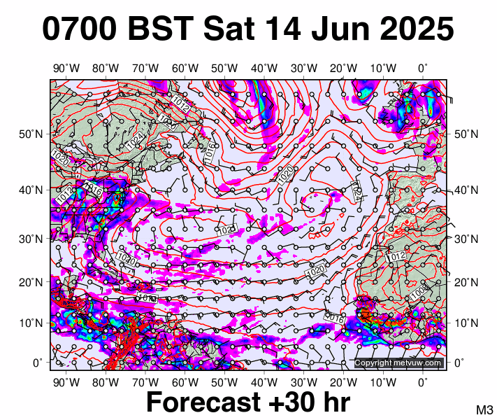 North Atlantic forecast chart for Saturday, June 14th, 2025 at 6:00 AM