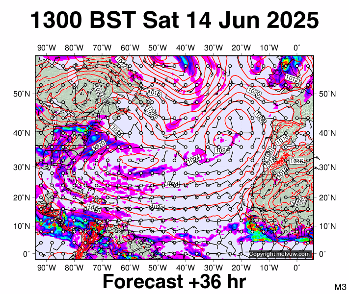 North Atlantic forecast chart for Saturday, June 14th, 2025 at 12:00 PM