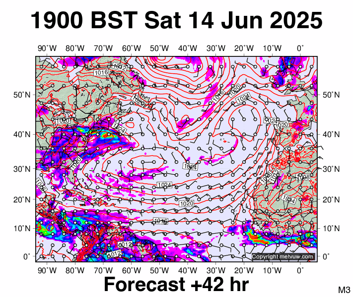 North Atlantic forecast chart for Saturday, June 14th, 2025 at 6:00 PM