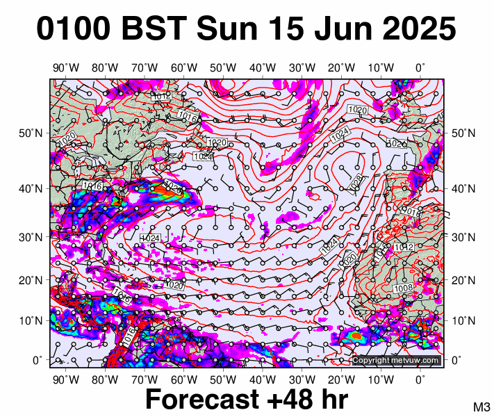 North Atlantic forecast chart for Sunday, June 15th, 2025 at 12:00 AM