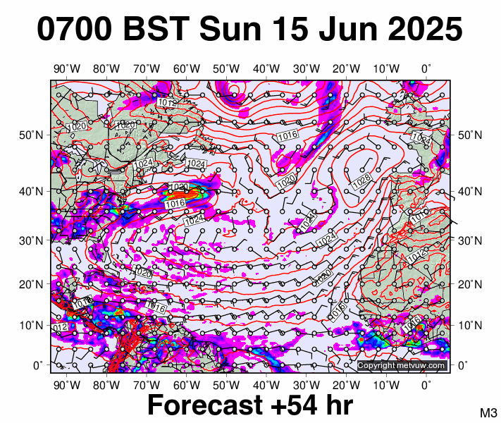 North Atlantic forecast chart for Sunday, June 15th, 2025 at 6:00 AM