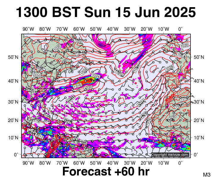 North Atlantic forecast chart for Sunday, June 15th, 2025 at 12:00 PM