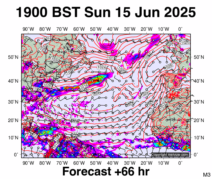 North Atlantic forecast chart for Sunday, June 15th, 2025 at 6:00 PM