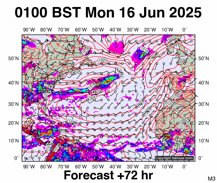 North Atlantic forecast chart for Monday, June 16th, 2025 at 12:00 AM