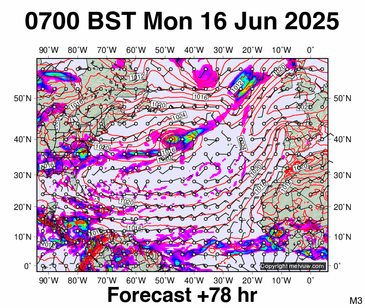 North Atlantic forecast chart for Monday, June 16th, 2025 at 6:00 AM