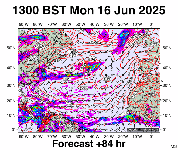 North Atlantic forecast chart for Monday, June 16th, 2025 at 12:00 PM
