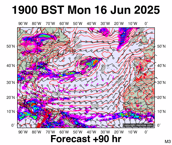 North Atlantic forecast chart for Monday, June 16th, 2025 at 6:00 PM