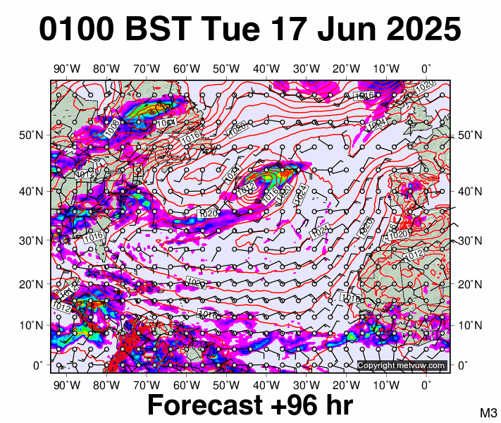 North Atlantic forecast chart for Tuesday, June 17th, 2025 at 12:00 AM