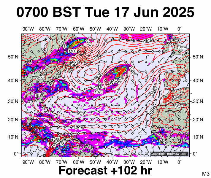 North Atlantic forecast chart for Tuesday, June 17th, 2025 at 6:00 AM