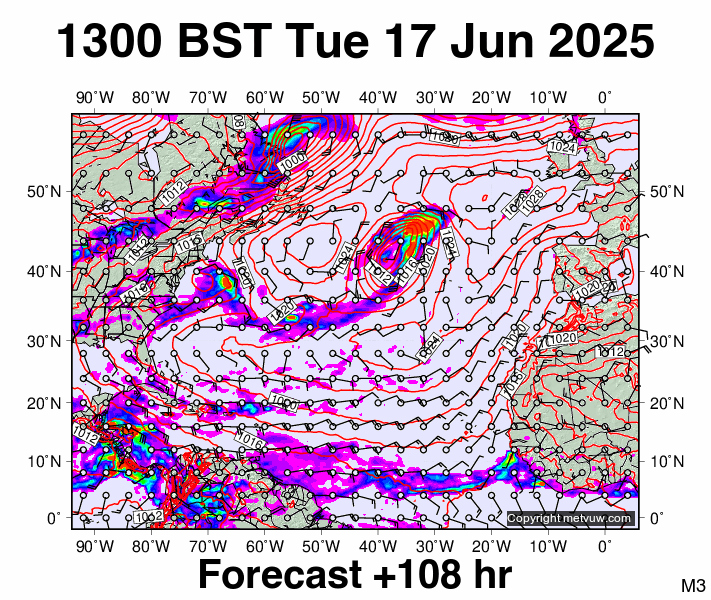North Atlantic forecast chart for Tuesday, June 17th, 2025 at 12:00 PM