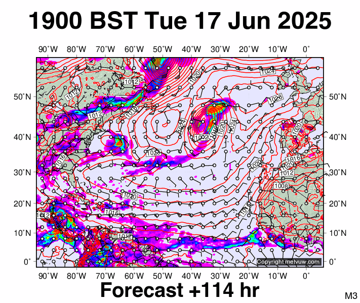 North Atlantic forecast chart for Tuesday, June 17th, 2025 at 6:00 PM