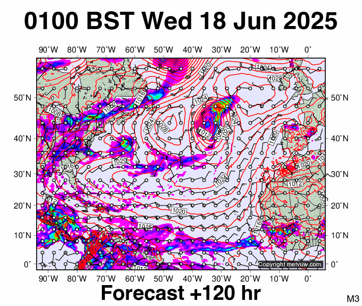 North Atlantic forecast chart for Wednesday, June 18th, 2025 at 12:00 AM