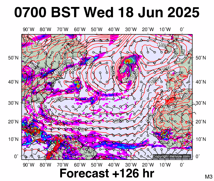 North Atlantic forecast chart for Wednesday, June 18th, 2025 at 6:00 AM