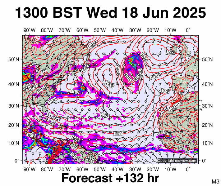 North Atlantic forecast chart for Wednesday, June 18th, 2025 at 12:00 PM
