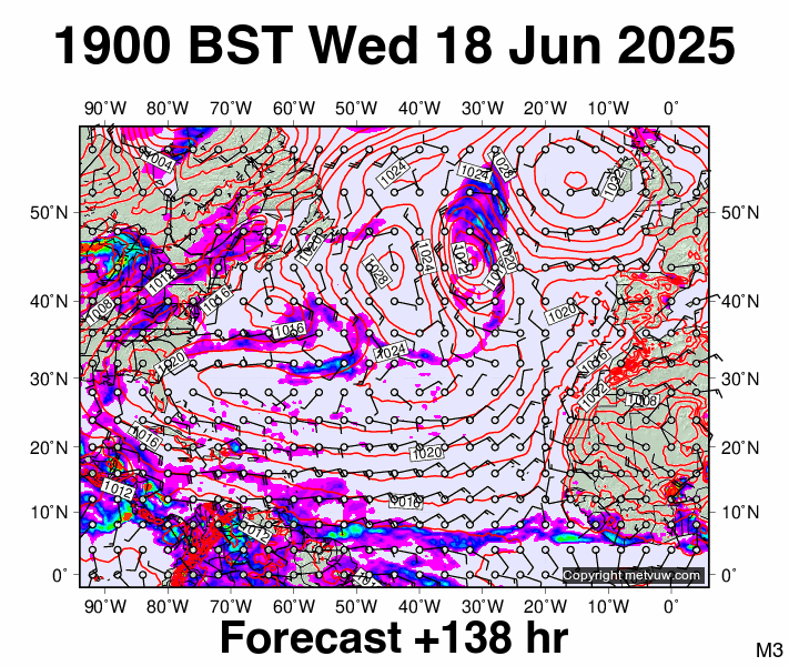 North Atlantic forecast chart for Wednesday, June 18th, 2025 at 6:00 PM