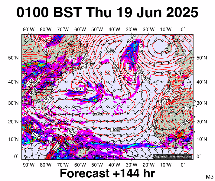 North Atlantic forecast chart for Thursday, June 19th, 2025 at 12:00 AM