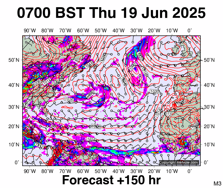 North Atlantic forecast chart for Thursday, June 19th, 2025 at 6:00 AM