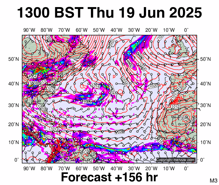 North Atlantic forecast chart for Thursday, June 19th, 2025 at 12:00 PM