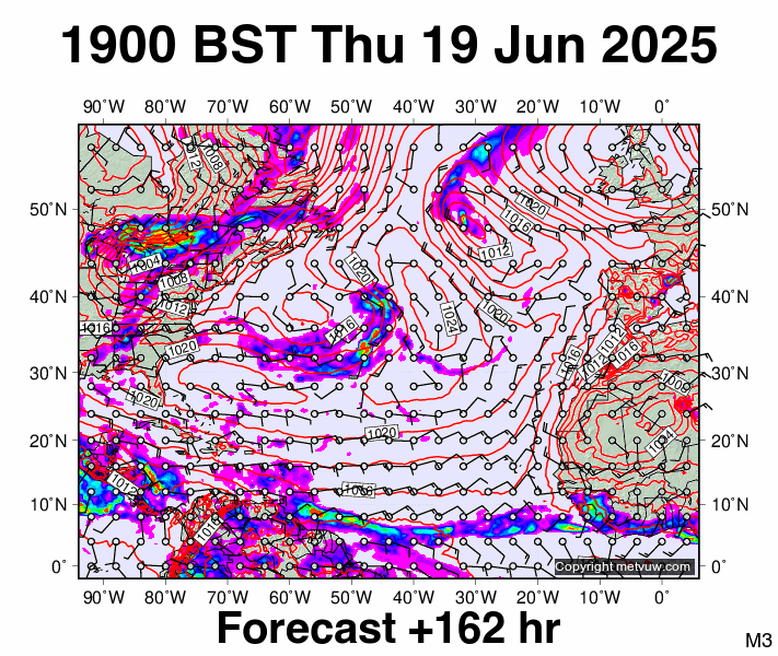 North Atlantic forecast chart for Thursday, June 19th, 2025 at 6:00 PM