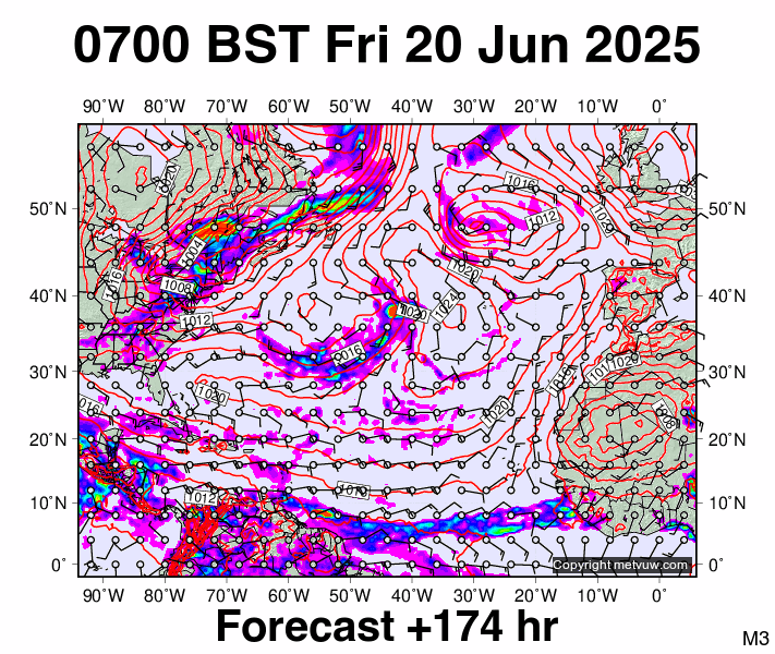 North Atlantic forecast chart for Friday, June 20th, 2025 at 6:00 AM
