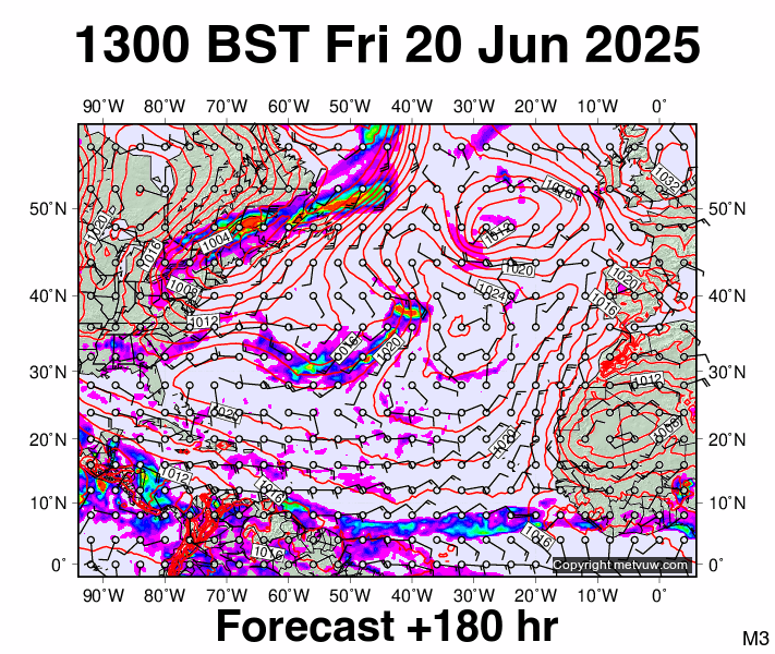 North Atlantic forecast chart for Friday, June 20th, 2025 at 12:00 PM