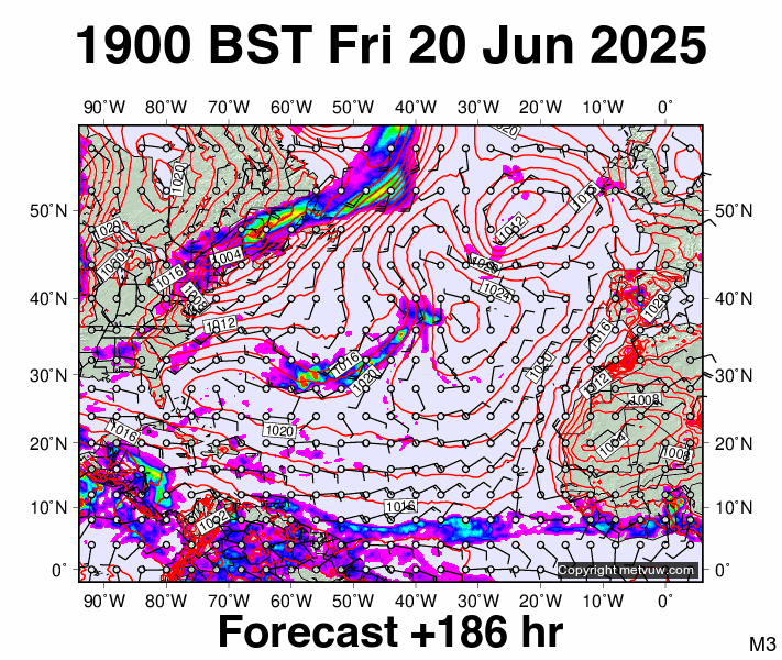 North Atlantic forecast chart for Friday, June 20th, 2025 at 6:00 PM