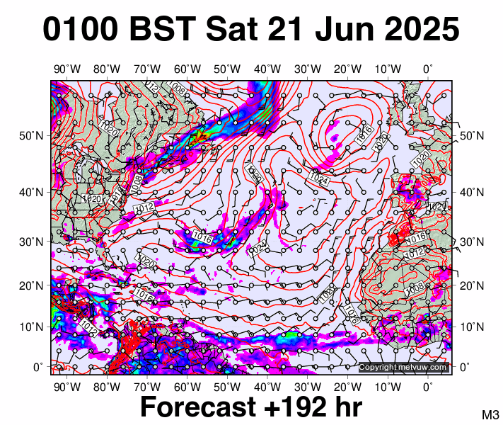 North Atlantic forecast chart for Saturday, June 21st, 2025 at 12:00 AM