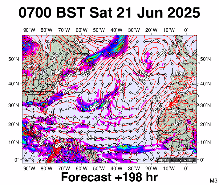 North Atlantic forecast chart for Saturday, June 21st, 2025 at 6:00 AM