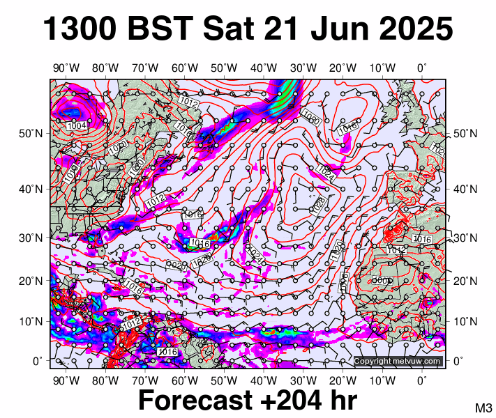 North Atlantic forecast chart for Saturday, June 21st, 2025 at 12:00 PM