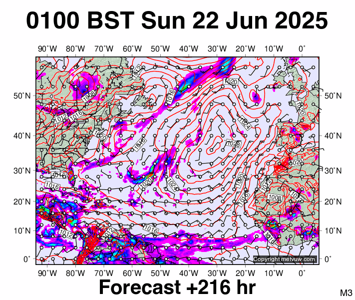 North Atlantic forecast chart for Sunday, June 22nd, 2025 at 12:00 AM