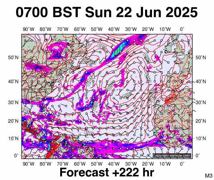 North Atlantic forecast chart for Sunday, June 22nd, 2025 at 6:00 AM