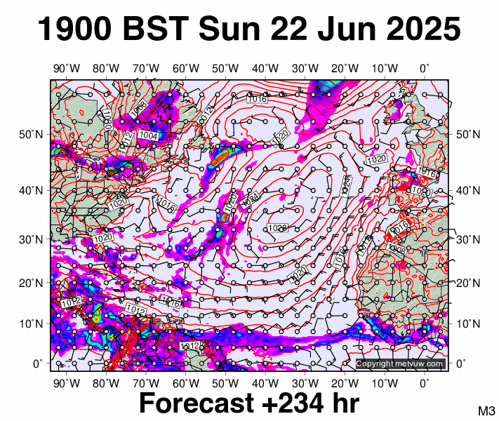 North Atlantic forecast chart for Sunday, June 22nd, 2025 at 6:00 PM