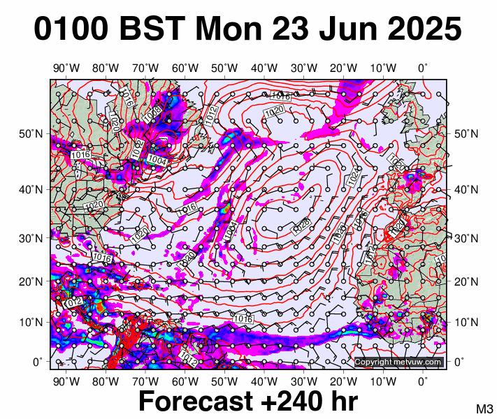 North Atlantic forecast chart for Monday, June 23rd, 2025 at 12:00 AM