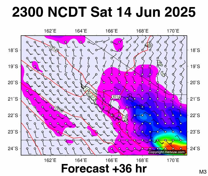 New Caledonia forecast chart for Saturday, June 14th, 2025 at 12:00 PM