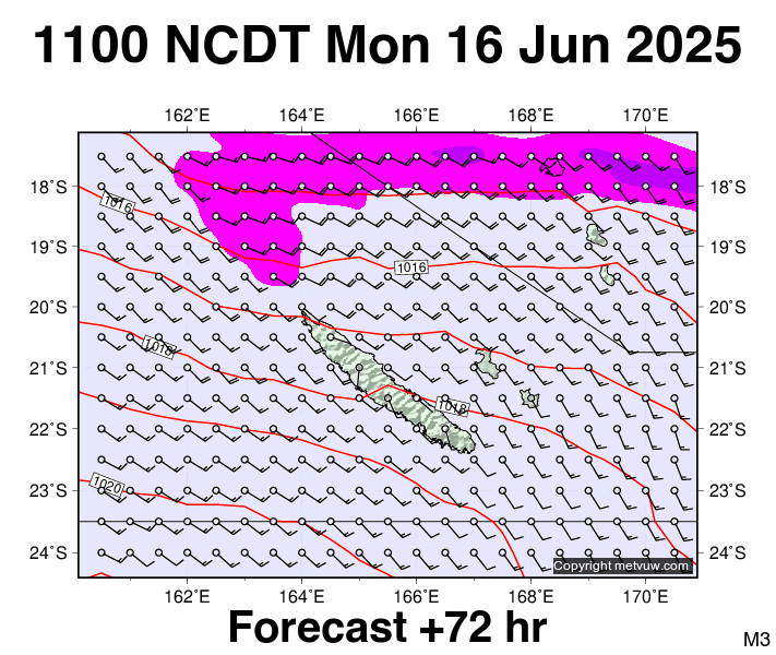 New Caledonia forecast chart for Monday, June 16th, 2025 at 12:00 AM