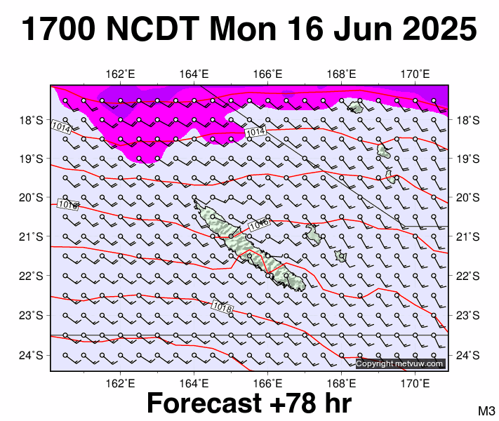 New Caledonia forecast chart for Monday, June 16th, 2025 at 6:00 AM