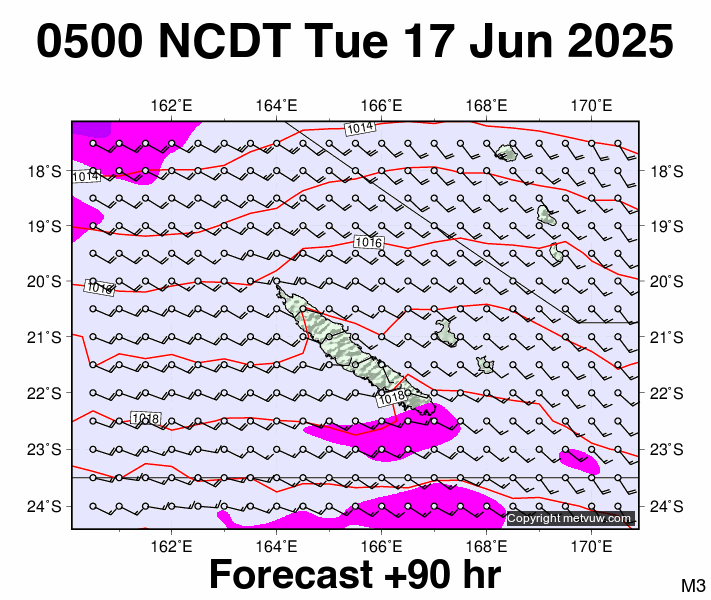 New Caledonia forecast chart for Monday, June 16th, 2025 at 6:00 PM