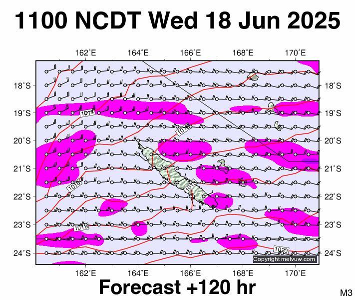 New Caledonia forecast chart for Wednesday, June 18th, 2025 at 12:00 AM