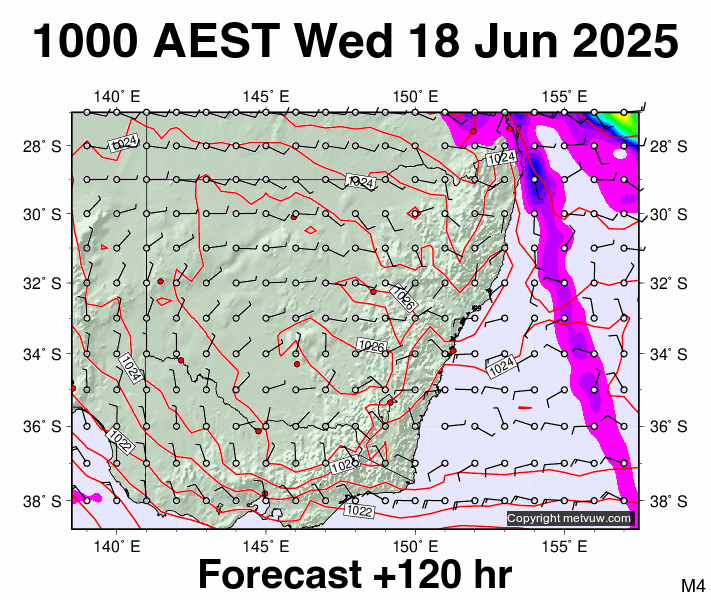 New South Wales forecast chart for Wednesday, June 18th, 2025 at 12:00 AM