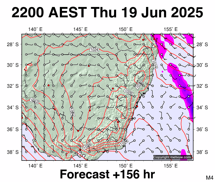 New South Wales forecast chart for Thursday, June 19th, 2025 at 12:00 PM