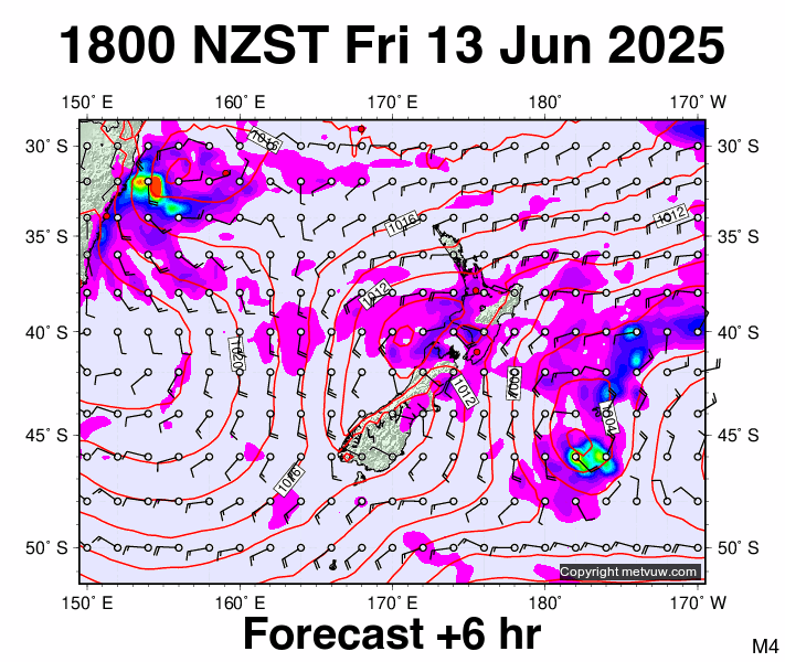 New Zealand forecast chart for Friday, June 13th, 2025 at 6:00 AM
