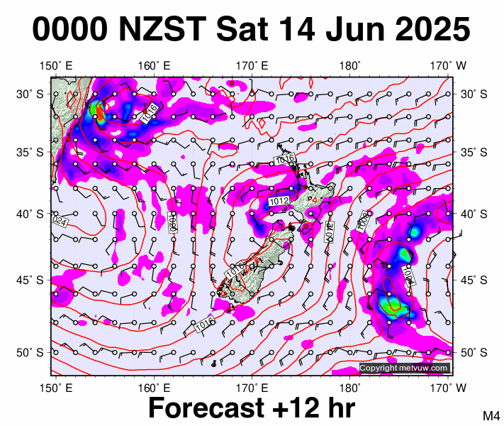 New Zealand forecast chart for Friday, June 13th, 2025 at 12:00 PM