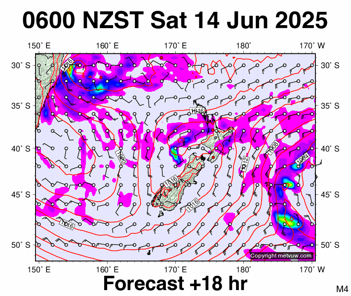 New Zealand forecast chart for Friday, June 13th, 2025 at 6:00 PM