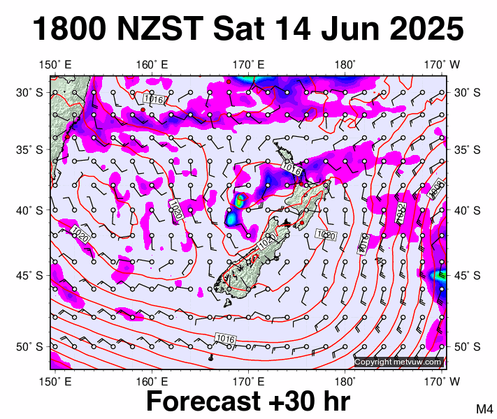 New Zealand forecast chart for Saturday, June 14th, 2025 at 6:00 AM