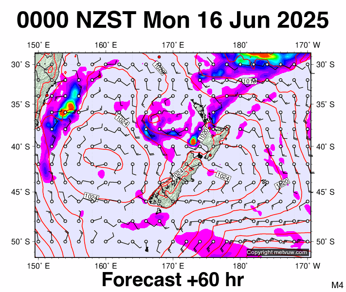 New Zealand forecast chart for Sunday, June 15th, 2025 at 12:00 PM