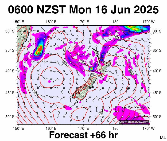 New Zealand forecast chart for Sunday, June 15th, 2025 at 6:00 PM