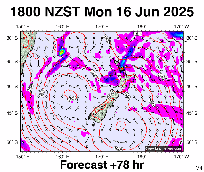 New Zealand forecast chart for Monday, June 16th, 2025 at 6:00 AM