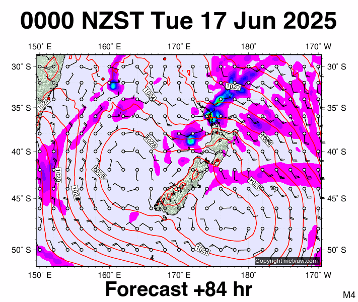 New Zealand forecast chart for Monday, June 16th, 2025 at 12:00 PM