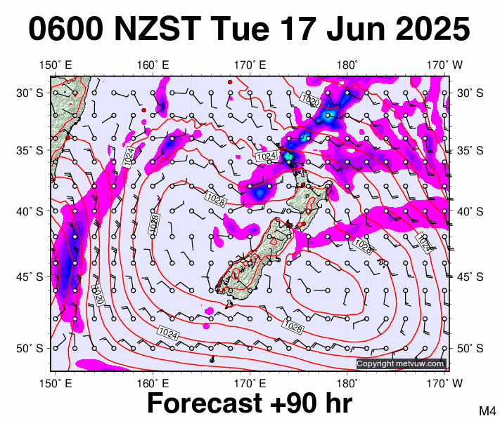 New Zealand forecast chart for Monday, June 16th, 2025 at 6:00 PM