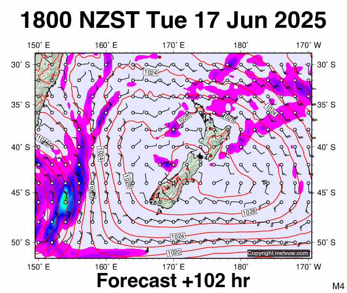 New Zealand forecast chart for Tuesday, June 17th, 2025 at 6:00 AM